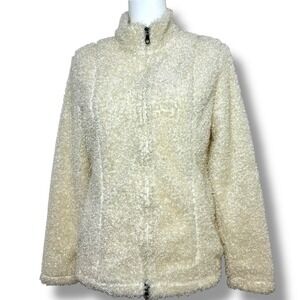 J.Jill Womens Small Curly Fleece Jacket‎ Full Two Way Zip Ivory Cream Winter